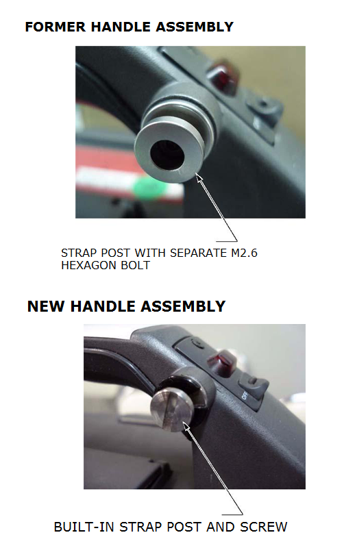 Repeated shock and vibration over a long period cause the screw on strap post for shoulder belt loose. Camcorder may drop suddenly ground. If screw loose, replace handle assembly with new handle assembly